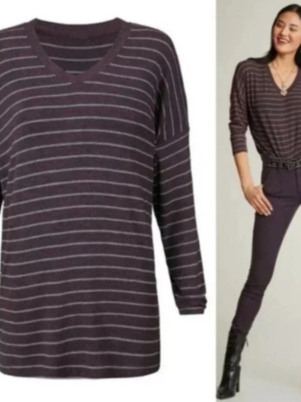 CAbi Serenity Tee #3998 Long Sleeve V Neck Heathered Eggplant Purple Gray Size S